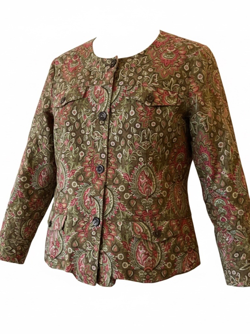 Charter Club Olive Paisley Button-Front Jacket with Pink Accents